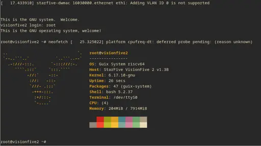 A screenshot of a "neofetch" output from GNU Guix system running on a StarFive VisionFive2 board.